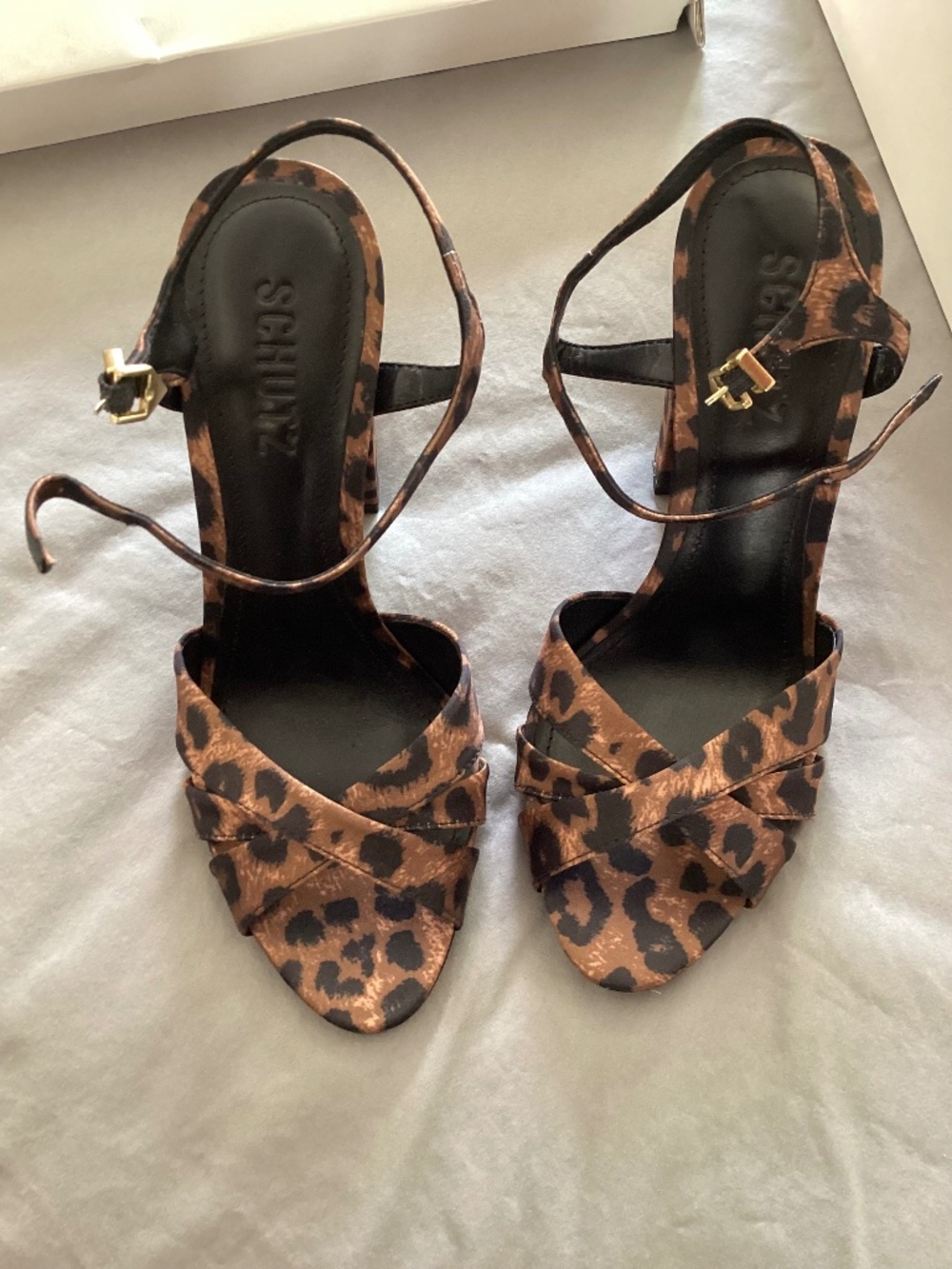 Schutz Wild Satin Animal Print Keefa Block Sandal Heel - Picture 1 of 11